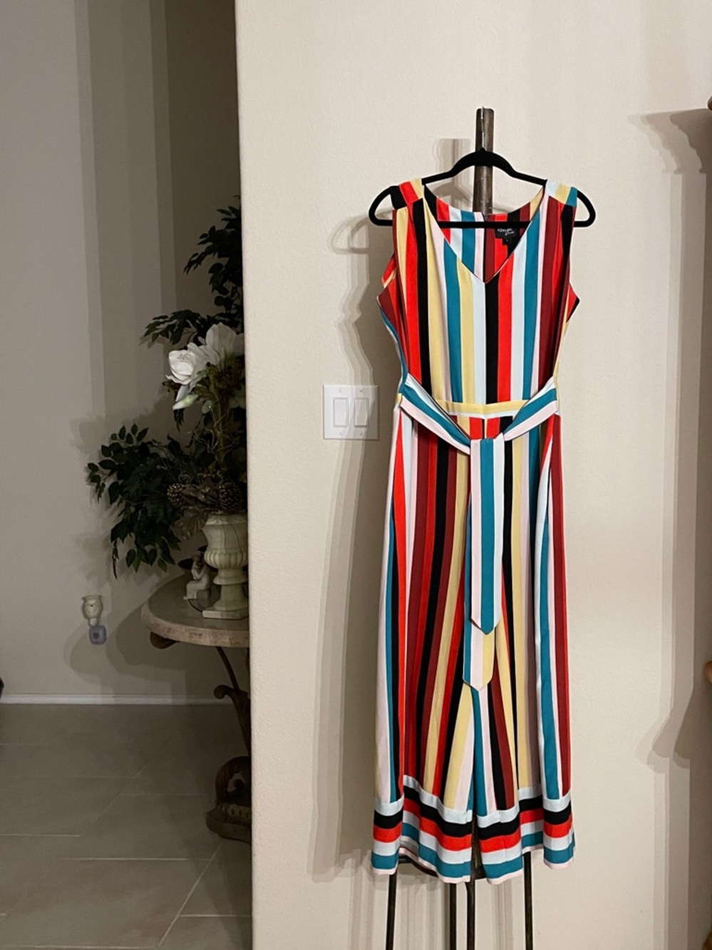 Beige by eci Multicolor Vertical Stripe Wide-Leg Jumpsuit Like New SZ L